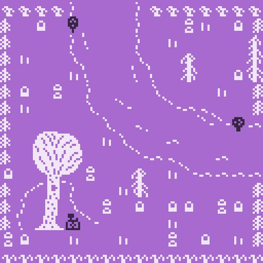 A graveyard where a tree's branches blow in the wind and a camera flashes at its trunk. Pixel art.